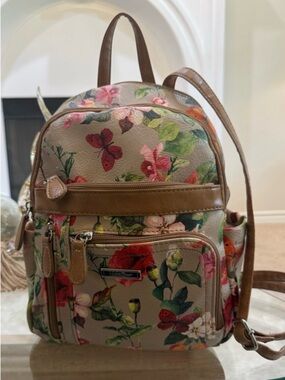 Floral Multicolor Mini Backpack Multi Sack Purse - Brown Trim